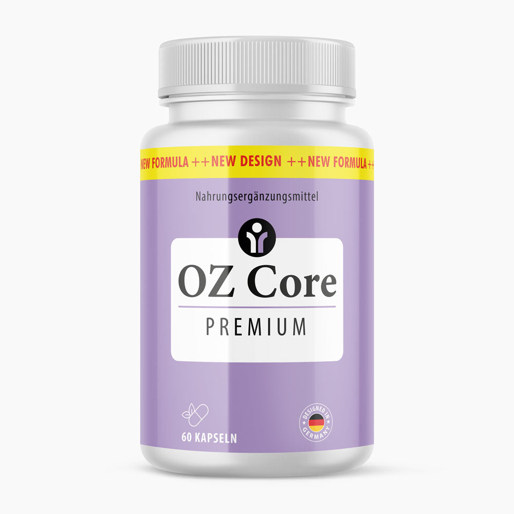 OZ Core Premium Nahrungsergänzungsmittel in weißer Dose mit lila Etikett, Inhalt 60 Kapseln