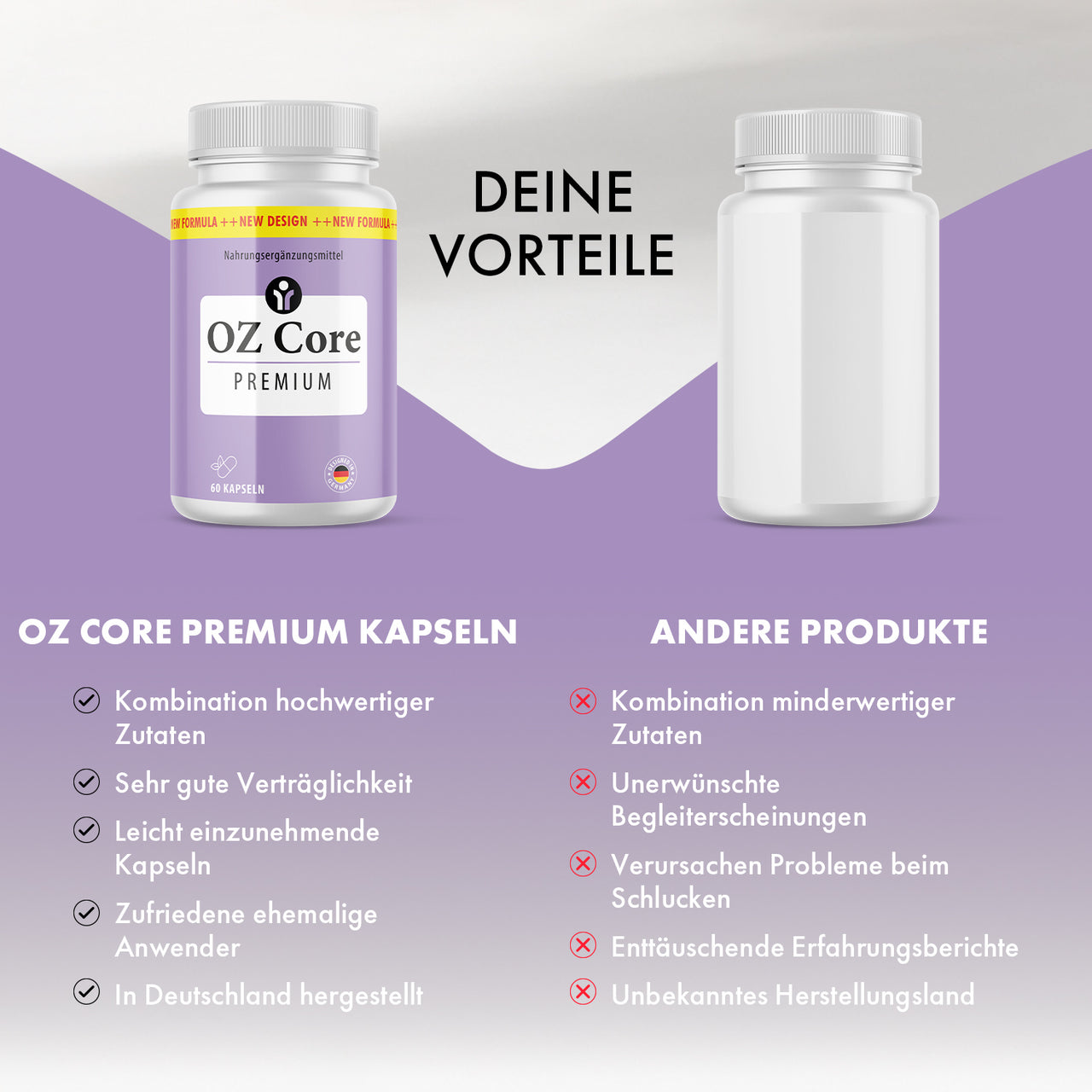 Im Werbevergleich werden OZ Core Premium fünf Vorteile und anderen Produkten Nachteile zugeschrieben