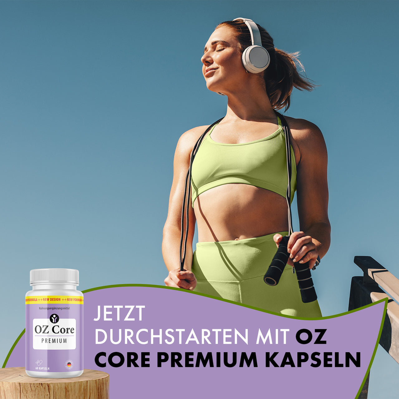 OZ Core Premium, 60 Kapseln: Werbegrafik mit Frau und Springseil, Slogan „Jetzt durchstarten“