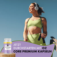 Thumbnail for OZ Core Premium, 60 Kapseln: Werbegrafik mit Frau und Springseil, Slogan „Jetzt durchstarten“