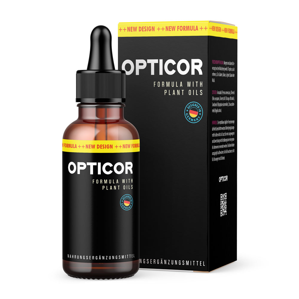 Flasche mit Pipette und Aufschrift OPTICOR Formula with Plant Oils vor dunkler Verpackung