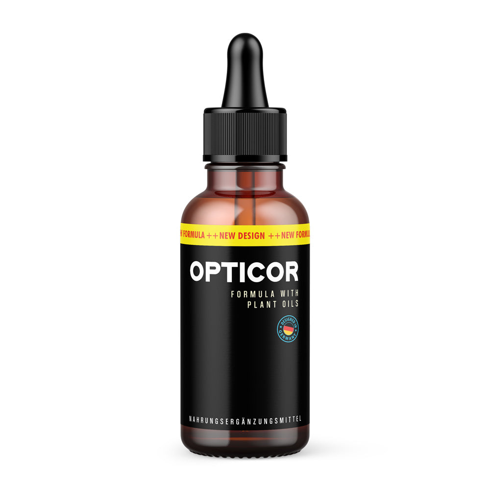 Braune Flasche mit Pipette mit weißer Schrift OPTICOR Formula with Plant Oils