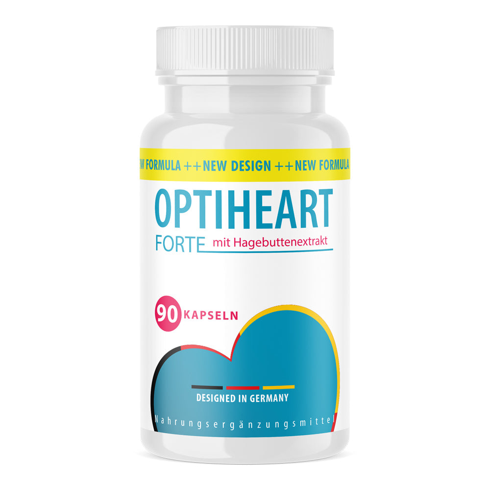 Weiße Kunststoffdose mit Schrift Optiheart Forte mit Hagebuttenextrakt, 90 Kapseln und Herzsymbol