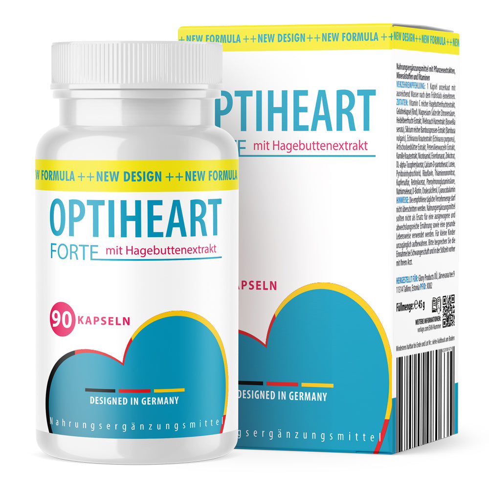 Weiße Kunststoffdose mit Schrift Optiheart Forte mit Hagebuttenextrakt, 90 Kapseln und Herzmotiv