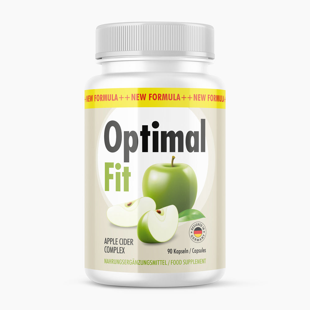 Weiße Kunststoffdose mit Etikett Optimal Fit 90 Kapseln und Abbildung grüner Äpfel vorne