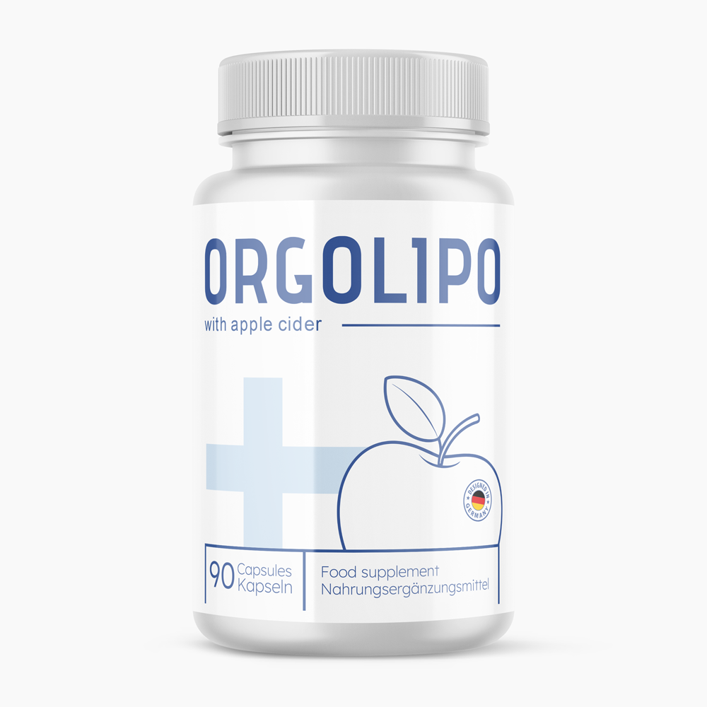 Weiße Orgolipo-Dose mit 90 Kapseln, Nahrungsergänzungsmittel mit Apfelabbildung