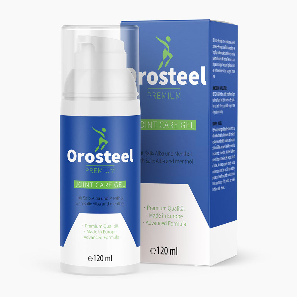 Product image of Orosteel Joint Care Gel with dispenser bottle and outer packaging, 120 ml