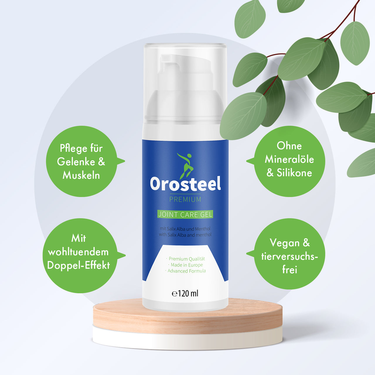 Orosteel Premium Joint Care Gel on a pedestal with green information on vegan joint and muscle care