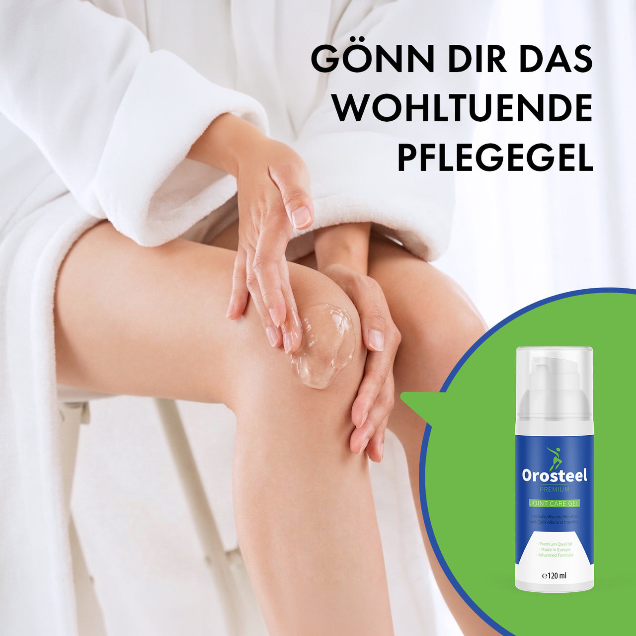 A person applies gel to their knee; next to it is an Orosteel product image with advertising claims about the care gel.