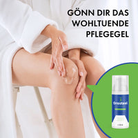 Thumbnail shows a person applying gel to their knee, next to it an Orosteel product image with advertising message for the care gel.