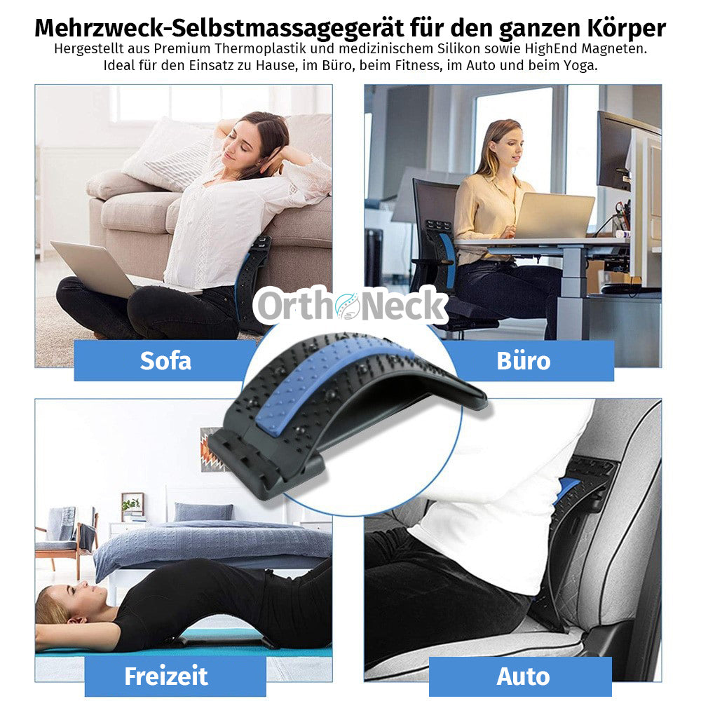 Anwendung des Rückenstreckers mit blauer Auflagefläche im Büro, Auto, Wohnzimmer und beim Liegen
