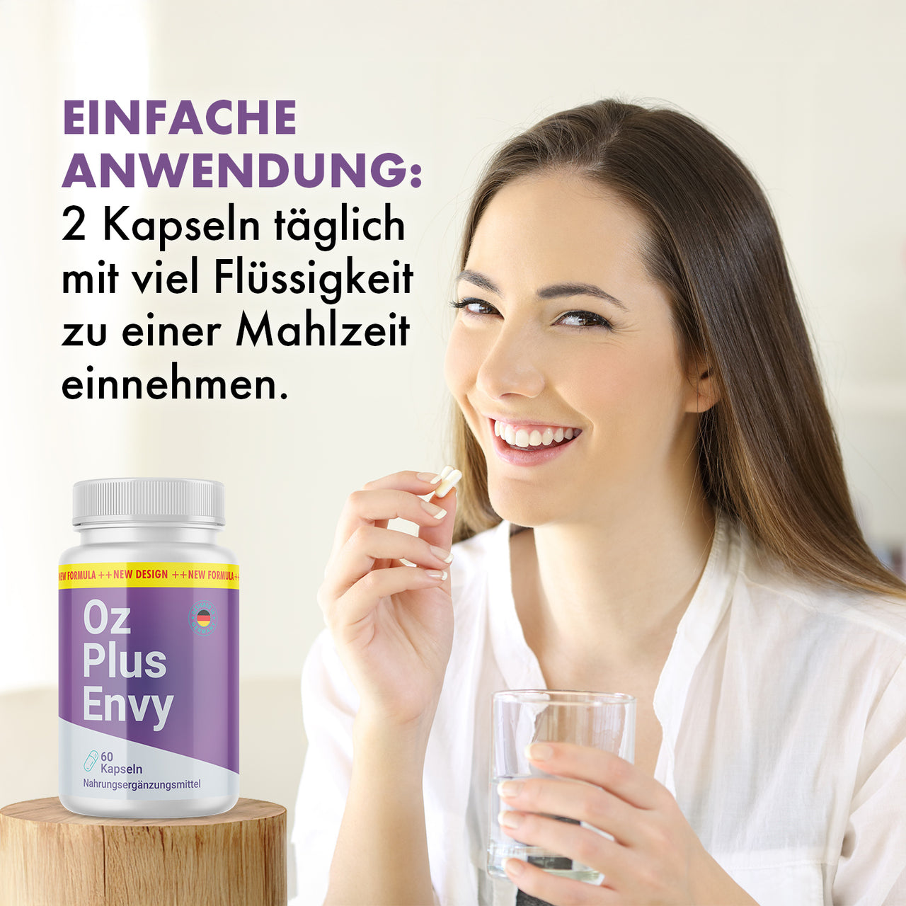 OZ Plus Envy Kapseln: täglich 2 Kapseln mit viel Flüssigkeit zu einer Mahlzeit einnehmen