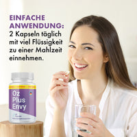 Thumbnail for OZ Plus Envy Kapseln: täglich 2 Kapseln mit viel Flüssigkeit zu einer Mahlzeit einnehmen