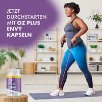 Thumbnail for Trainierende Frau mit Widerstandsbändern neben OZ Plus Envy; Werbeaussage „Jetzt durchstarten“