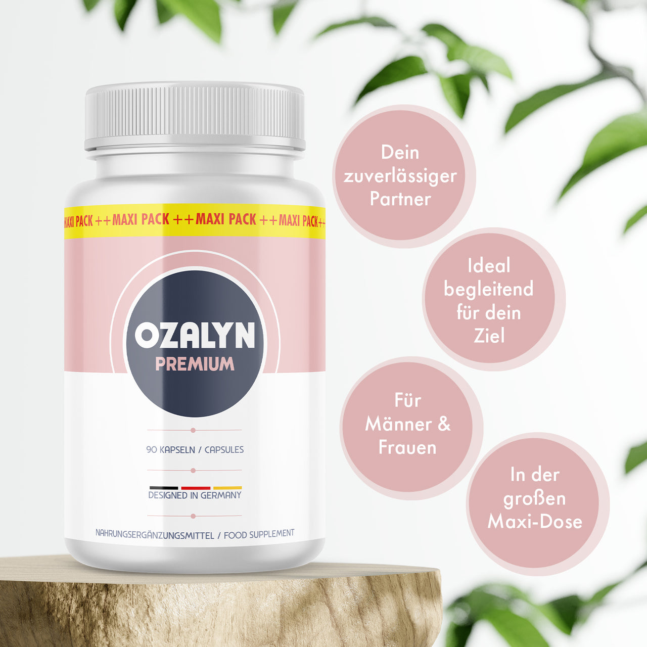 Ozalyn Premium in weißer Dose mit vier Infokreisen zu Produktmerkmalen und 90 Kapseln sichtbar