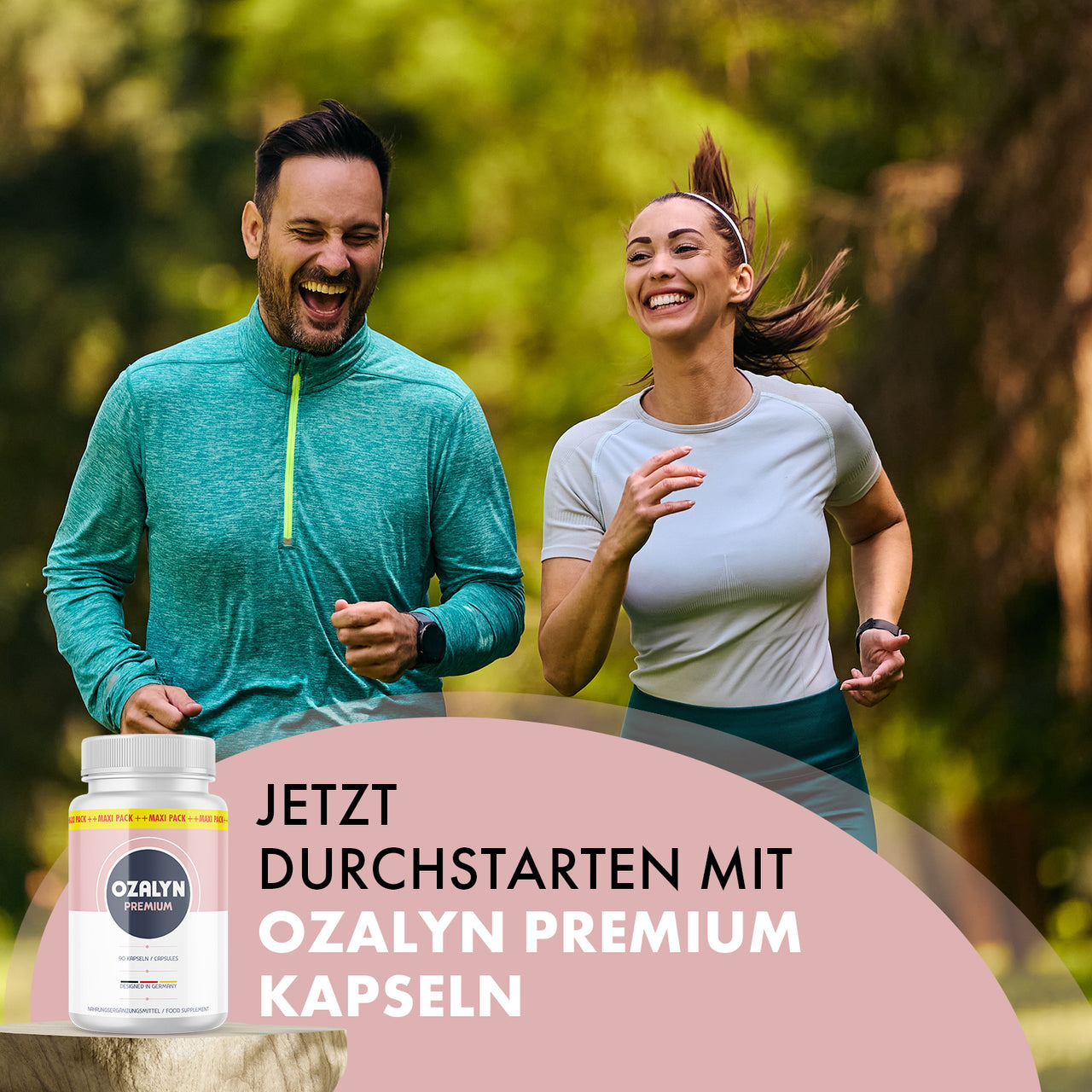 Zwei joggende Personen neben Ozalyn Premium mit sichtbarem Werbetext zum Nahrungsergänzungsmittel