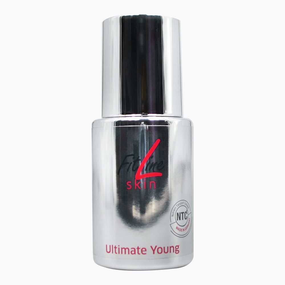 Glänzende Flasche mit Schriftzug FitLine Skin Ultimate Young und Aufdruck NTC-Siegel 50 ml 
