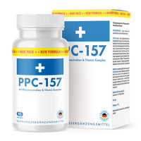 Thumbnail for Weiße Kunststoffdose mit blauem Etikett PPC-157 mit Pflanzenextrakten und Vitamin Komplex, 90 Kapseln vor passender Faltschachtel