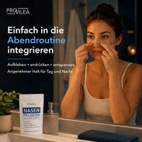 Thumbnail for Frau bringt ein Nasenpflaster an, daneben Provilea Nasenpflaster und Hinweise zur Abendroutine