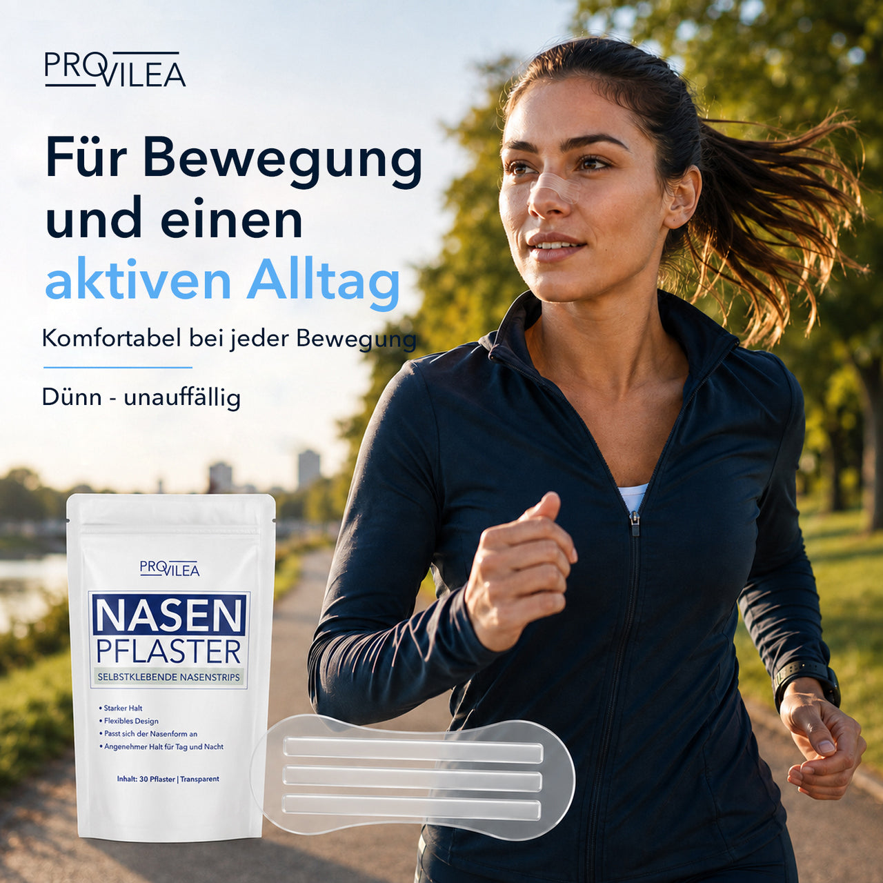 Frau joggt mit Nasenpflaster im Park, daneben Provilea Nasenpflaster und transparente Nasenstrips