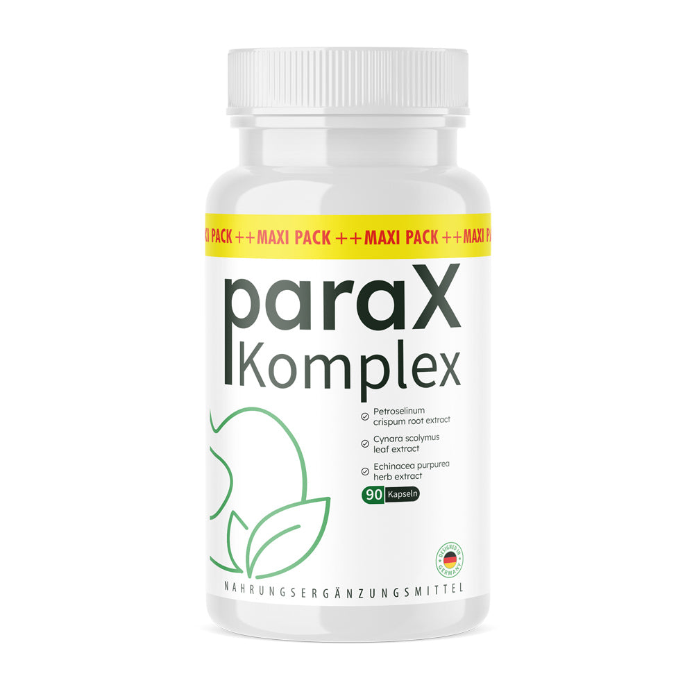 Dose mit Text paraX Komplex, drei Pflanzenextrakten und grafischer Blattzeichnung