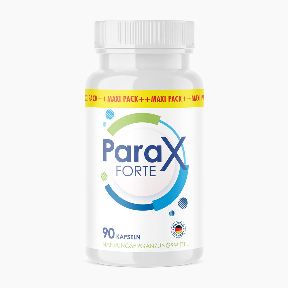 Kunststoffdose ParaX Forte 90 Kapseln mit blau-grünem Design auf weißem Etikett und MAXI PACK-Streifen