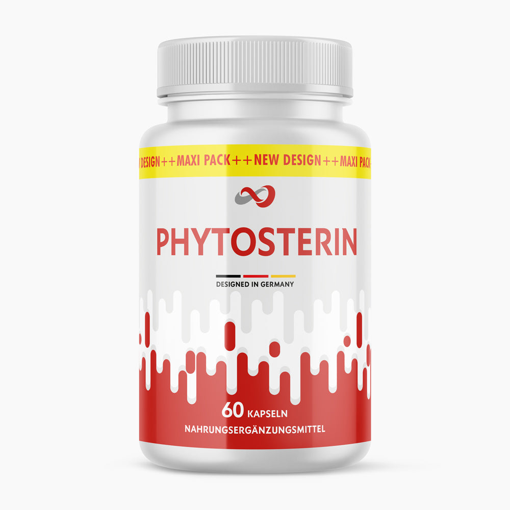 Dose mit weiß rotem Etikett und Produktname Phytosterin sowie grafischem Verlauf und 60 Kapseln