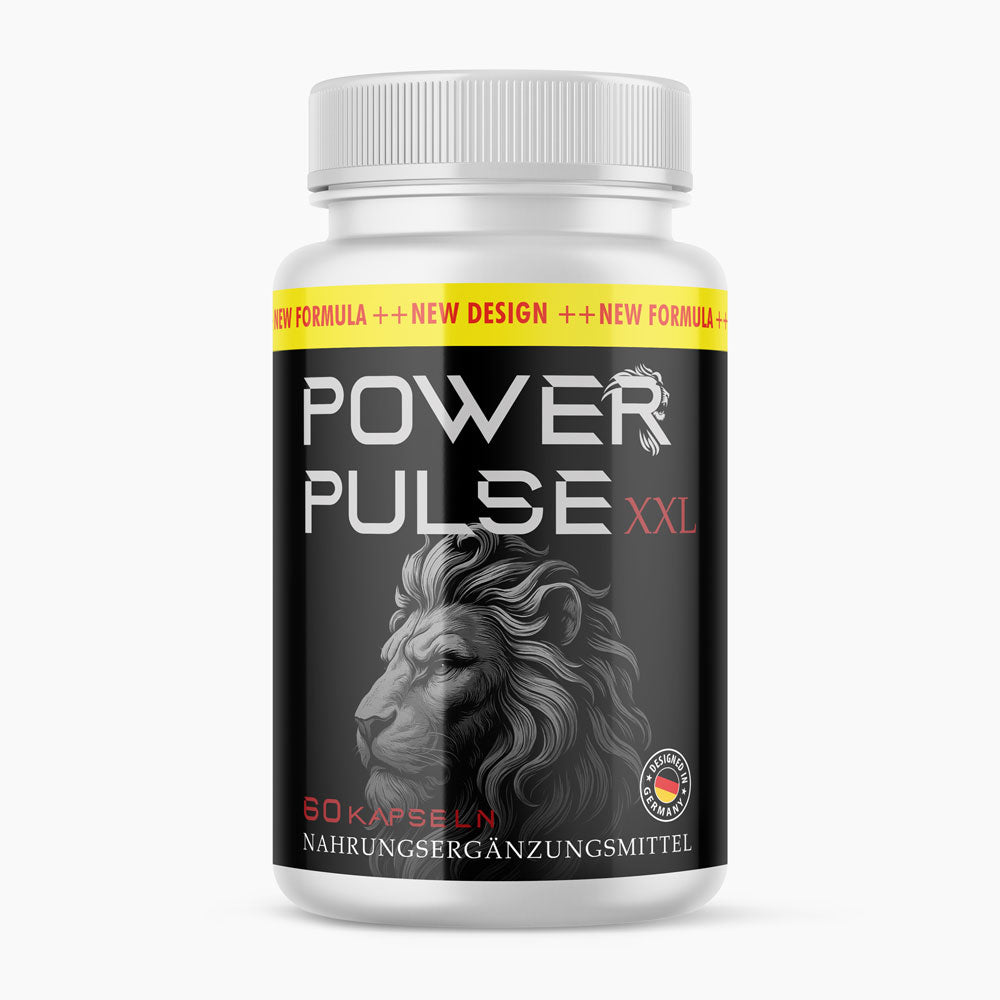 Kunststoffdose mit Schrift Power Pulse XXL und Löwenmotiv auf schwarzem Etikett, 60 Kapseln