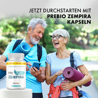 Thumbnail for Zwei ältere Personen mit Sportmatten neben Pre Bio Zempira Dose und großem Produkttext