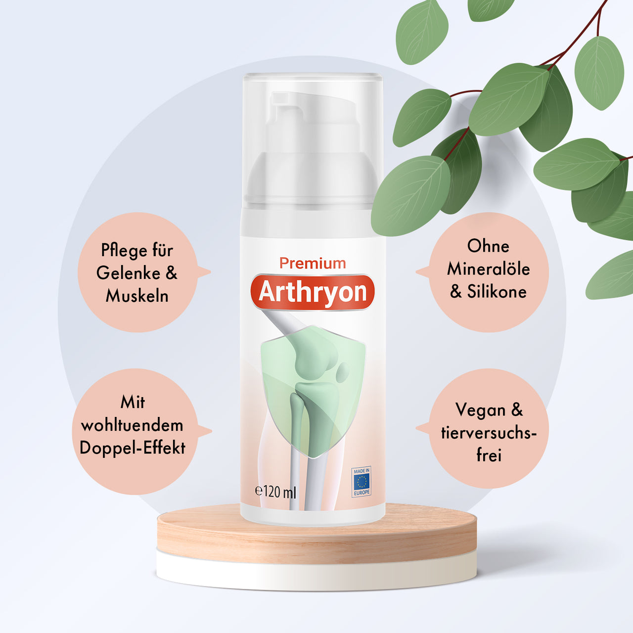 Arthryon Premium 120 ml Dose mit Pumpspender, Infokreisen und grünen Blättern im Hintergrund