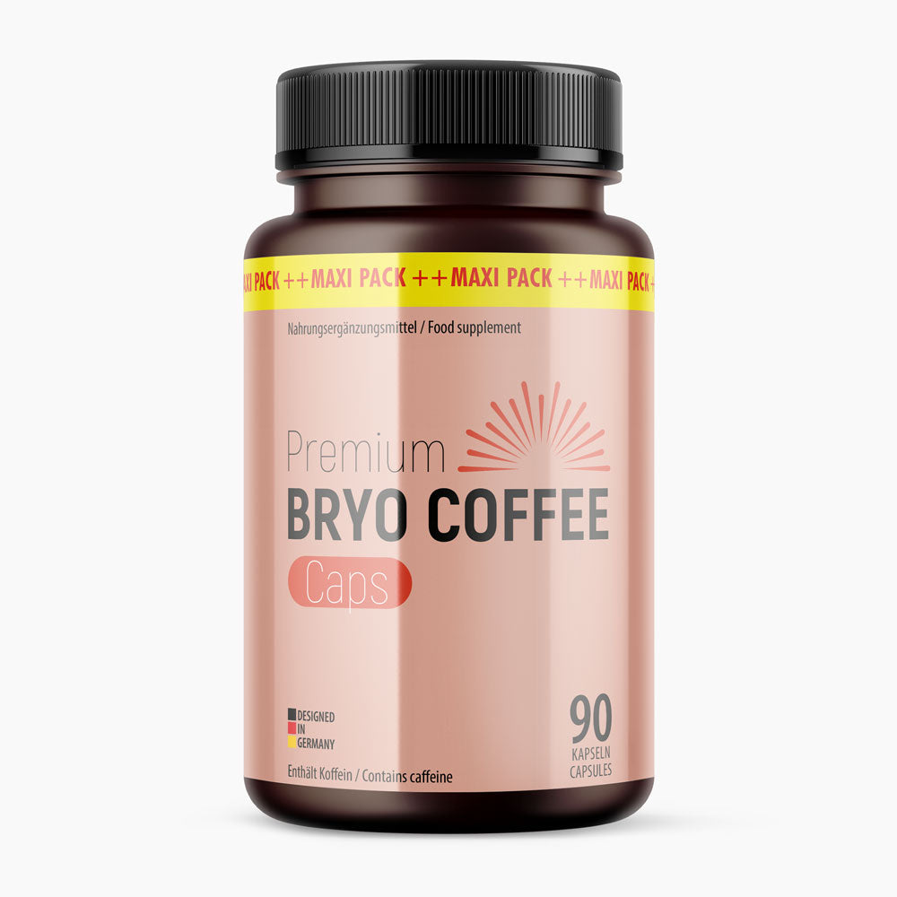 Dunkle Dose Premium Bryo Coffee Caps mit rosa Etikett, schwarzem Deckel und 90 Kapseln