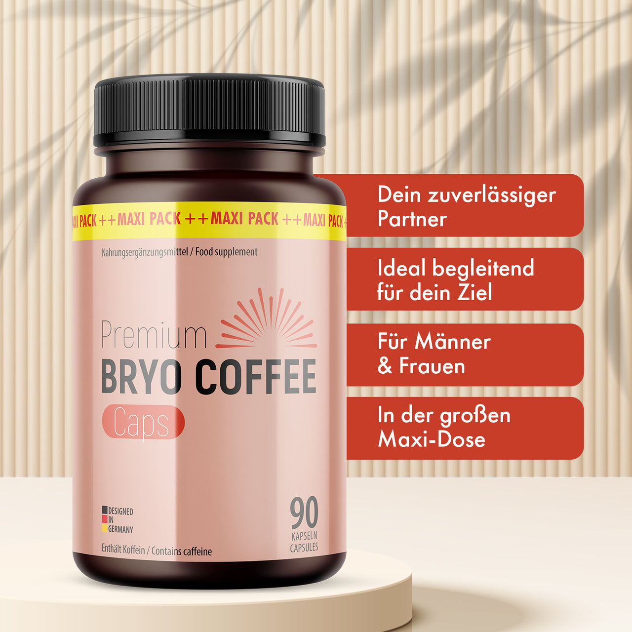 Bryo Coffee Caps Dose auf Podest mit schwarzem Deckel, rosa Etikett und roten Infopunkten im Bild