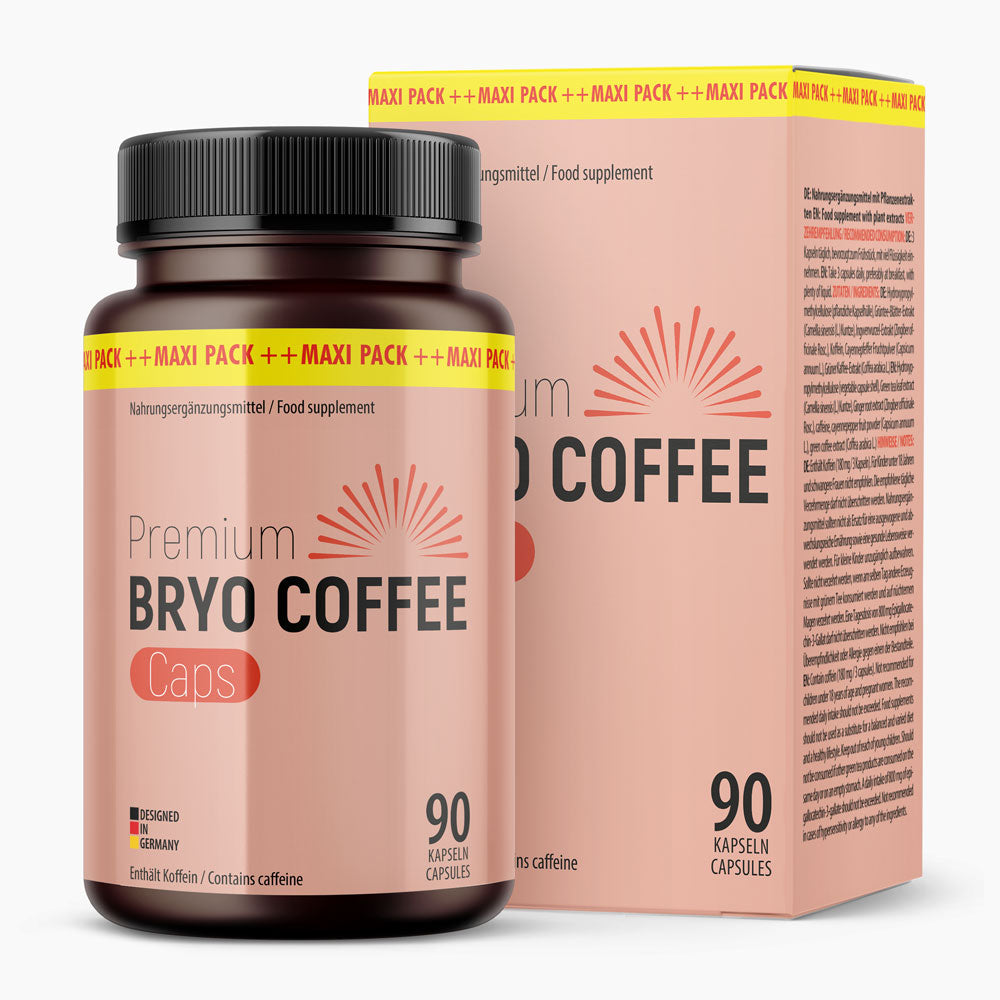 Premium Bryo Coffee Caps Dose vor passender Packung mit gelbem Maxi-Pack-Banner und 90 Kapseln