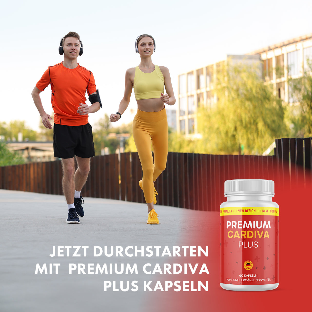Mann und Frau joggen draußen, rechts unten Premium Cardiva Plus Dose mit großem Werbetext