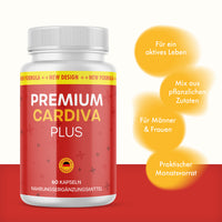 Thumbnail for Dose Premium Cardiva Plus mit vier gelben Textkreisen auf rotem und grauem Hintergrund