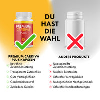 Thumbnail for Vergleichsgrafik mit Premium Cardiva Plus links mit Haken und neutraler Dose rechts mit rotem X