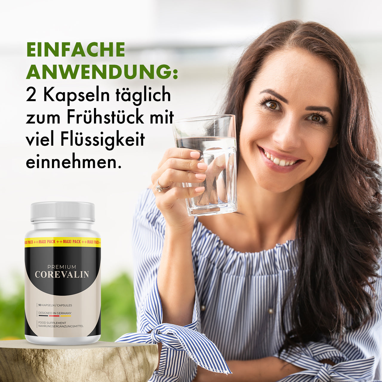 Corevalin Dose und Frau mit Wasserglas; Anwendungshinweis: 2 Kapseln täglich zum Frühstück einnehmen
