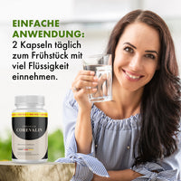 Thumbnail for Corevalin Dose und Frau mit Wasserglas; Anwendungshinweis: 2 Kapseln täglich zum Frühstück einnehmen