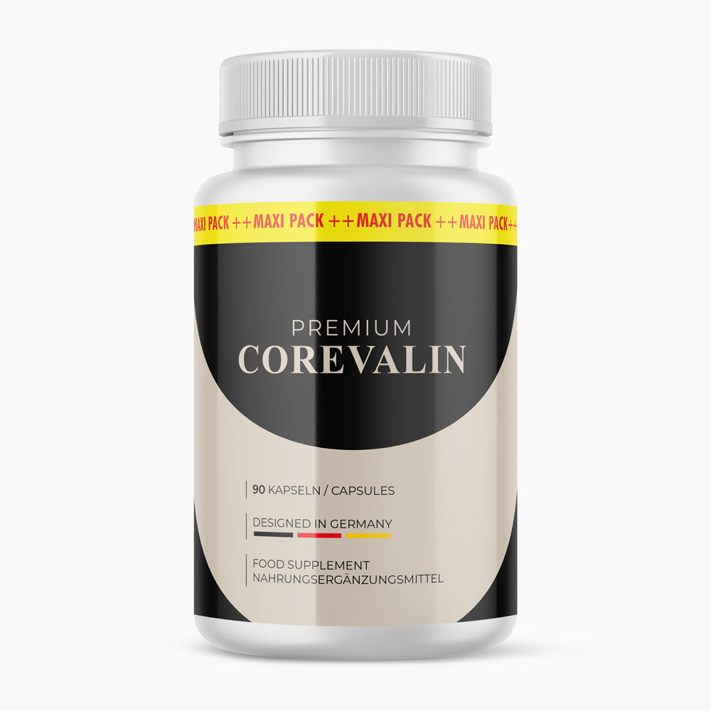 Premium Corevalin Nahrungsergänzungsmittel in weißer Dose mit 90 Kapseln und „Designed in Germany“