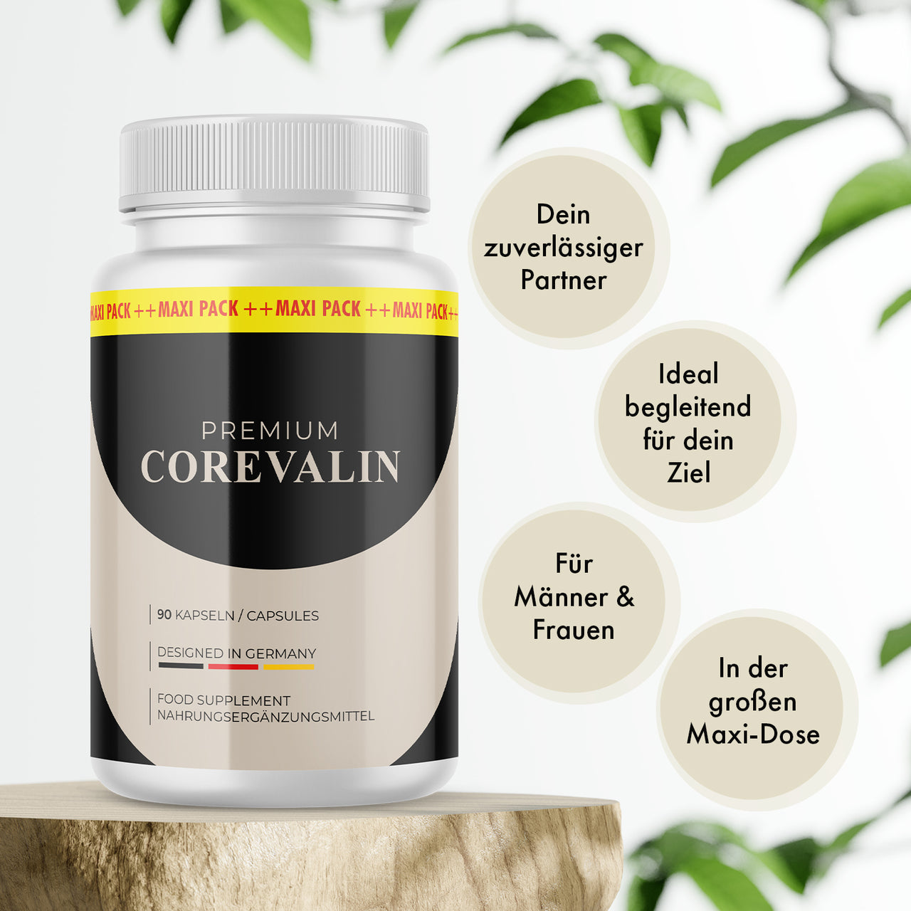 Premium Corevalin Nahrungsergänzungsmittel mit 90 Kapseln und vier sichtbaren Produktmerkmalen