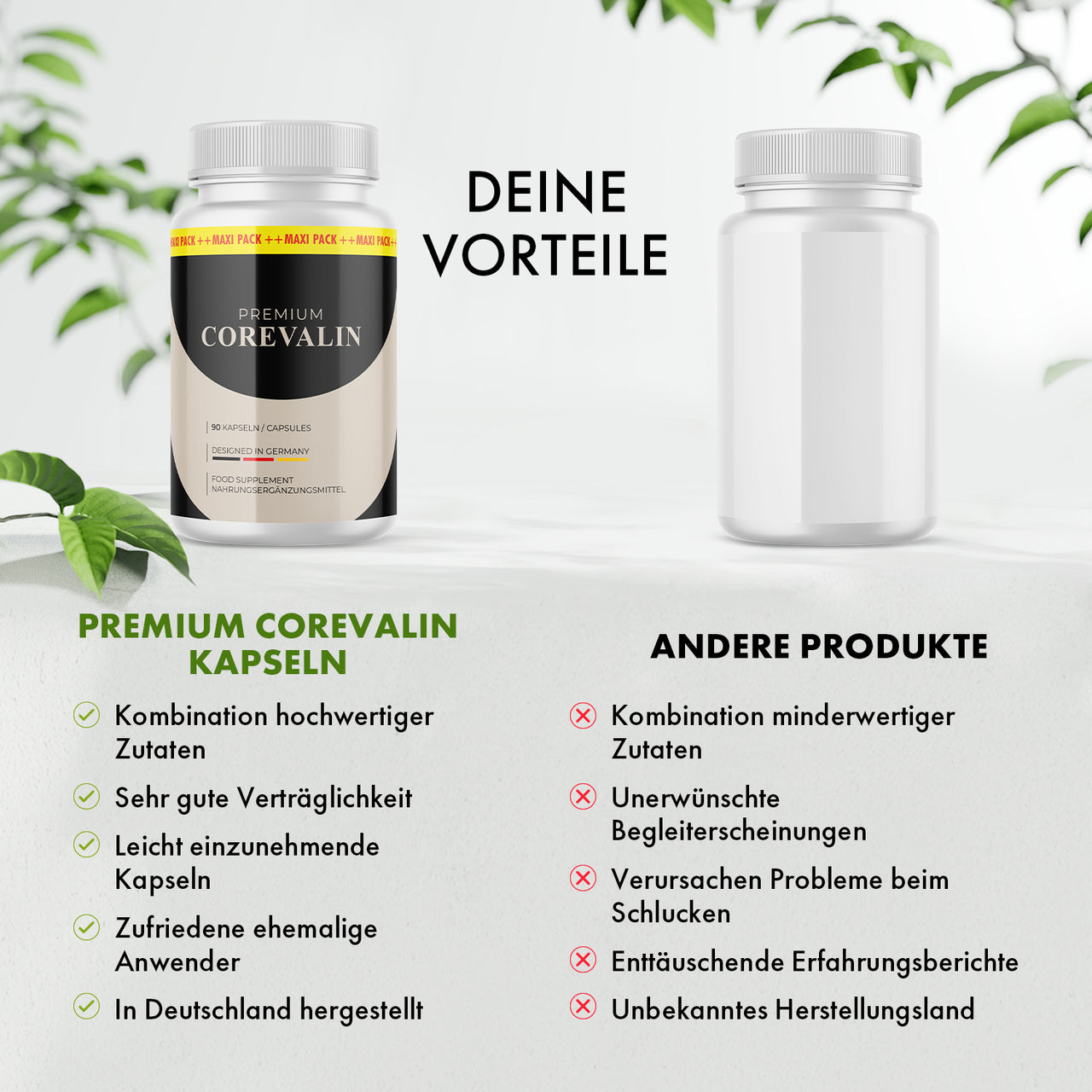 Corevalin Kapseln neben neutraler Dose; Grafik stellt beworbene Vorteile anderen Produkten gegenüber