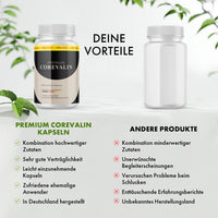 Thumbnail for Corevalin Kapseln neben neutraler Dose; Grafik stellt beworbene Vorteile anderen Produkten gegenüber