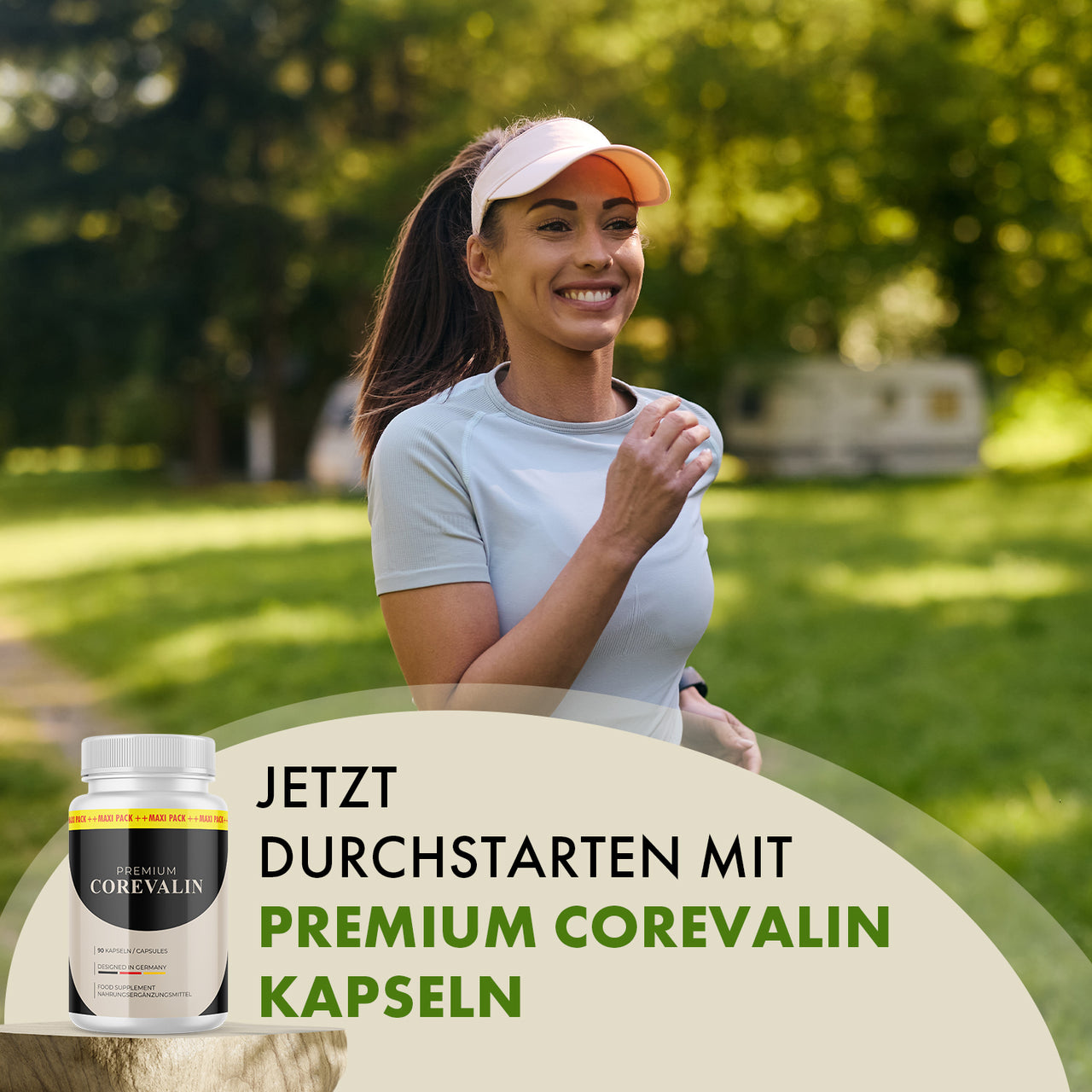 Premium Corevalin Dose neben lächelnder Frau beim Joggen im Park und Schriftzug „Jetzt durchstarten“