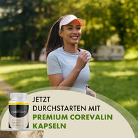 Thumbnail for Premium Corevalin Dose neben lächelnder Frau beim Joggen im Park und Schriftzug „Jetzt durchstarten“