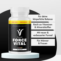 Thumbnail for Force Vital Premium Dose mit 90 Kapseln vor Infotexten zu Vitaminen und Mineralstoffen