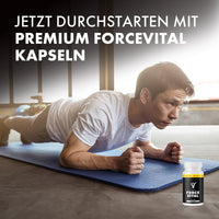 Thumbnail for Mann beim Training neben Force Vital Premium Dose mit Schrift Jetzt durchstarten