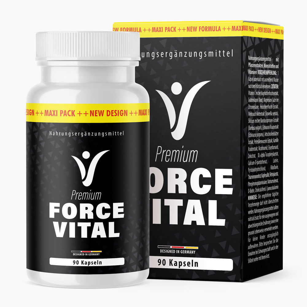 Force Vital Premium Dose mit 90 Kapseln vor passender Faltschachtel