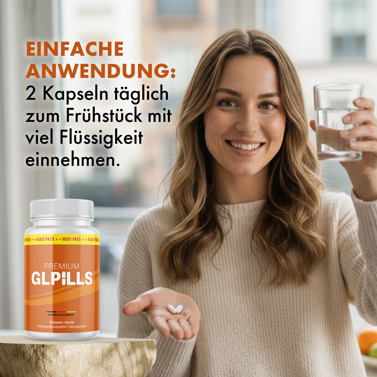 Frau hält Glas Wasser und zwei Kapseln neben Premium GLPills Dose mit Anwendungstext