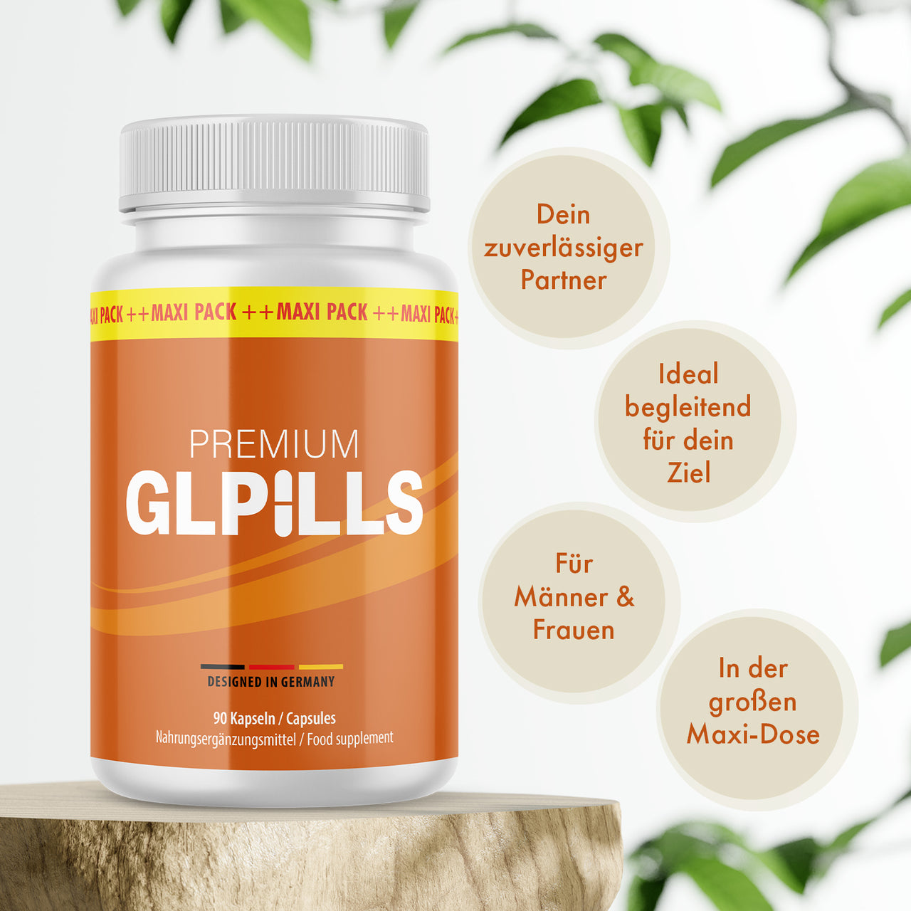 Premium GLPills Dose mit 90 Kapseln auf Holzfläche und runden Hinweisfeldern