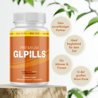 Thumbnail for Premium GLPills Dose mit 90 Kapseln auf Holzfläche und runden Hinweisfeldern